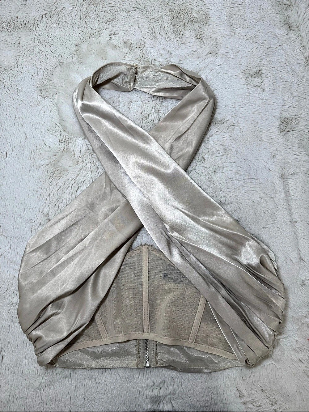 Fashion Nova Sleekin' Out Satin Corset Top Ruched Satin Corset Top in Beige Size